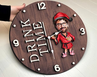 Temps de boisson personnalisé cartooned Big 3D Horloge murale en bois, Horloge surdimensionnée, Grande horloge murale personnalisée, Horloge murale unique, Décoration rustique