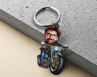 Keychain with Personalized Motorcyclist Caricature, Gift for Him, Custom Keyring, Boyfriend Gift, Cartoon Portrait, Gift for Biker