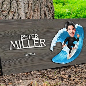 Personalized 3D Wooden Named Cartoon Surfer Sign, Custom Caricature Portrait, Wall Art, Wood Home Decor, Birthday Gift, Gift for Him
