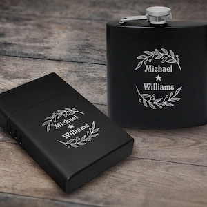 Set regalo con fiaschetta e scatola per sigarette incisa al laser personalizzata, fiaschetta personalizzata da 6 once, custodia per sigarette in metallo, il miglior regalo per lui