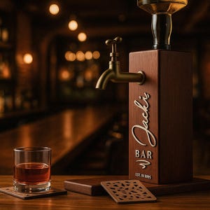 Personalized Embossed Named Wooden Whiskey Dispenser and Wood Coasters Set, Bar, Pub, Wine, Vodka, Liquor Dispenser, Wood Whiskey Fountain