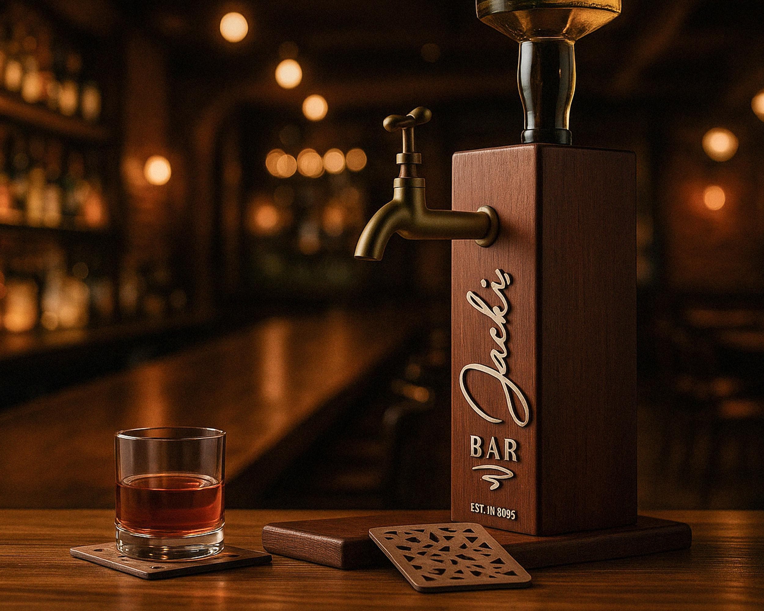 Personalized Embossed Named Wooden Whiskey Dispenser and Wood Coasters Set, Bar, Pub, Wine, Vodka, Liquor Dispenser, Wood Whiskey Fountain
