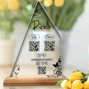 Placa de menu de código QR personalizada, placa de restaurante de madeira natural e acrílico personalizada, placa de código QR para café, mesa de código QR e decoração de mesa