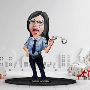 Gepersonaliseerde 3D houten cartoon politieagent beeldje trinket, aangepast cartoonportret, jubileumcadeau, kerstcadeau, cadeau voor haar