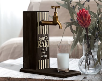 Natural Wood Gilded Mirror Raki Dispenser, Alcoholic Drink Dispenser, Wine, Vodka, Whiskey, Raki, Liquor Dispenser, Wooden Whiskey Fountain