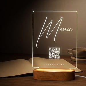 Custom LED Qr Code Menu Sign, LED Decor With Natural Wood Base ...