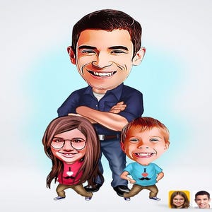 Personalized Father and Children Caricature Drawing / Family Cartoon Drawing /  Digital Downloadable File / Father Daughter and Son Drawing