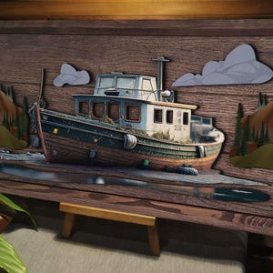 Handmade Oak Tree Fishing Boat Wood Painting, Custom Wood Wall Art, Wooden Painting, Home Decor, Wall Decor, Office Decor, Housewarming Gift