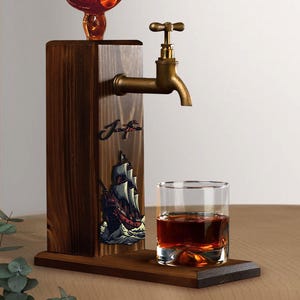 Personalized Embossed Named Pirate Ship Design Wooden Whiskey Dispenser, Bar Decor, Wine, Vodka, Alcoholic Beverage, Whiskey Fountain