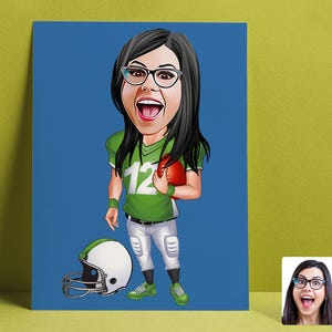 Personalized American Football Player Drawing, Lady Football Player Cartoon Drawing, American Football Drawing, Sports Gift, Family Gift