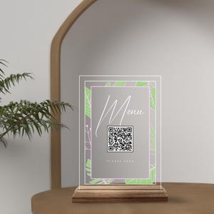 Placa de menu de código QR personalizada, placa de restaurante de madeira natural e acrílico personalizada, placa de código QR para café, mesa de código QR e decoração de mesa