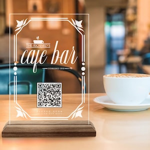 Letrero de menú con código QR hecho a medida, letrero de menú de bar y restaurante de madera natural y acrílico personalizado, letrero de código QR para cafetería, decoración de mesa con código QR
