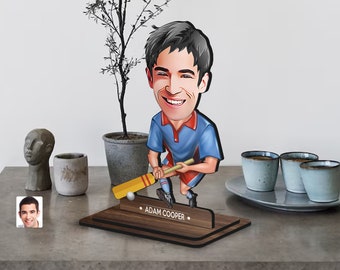 Personalized 3D Wooden Cartoon Cricket Figurine Trinket, Christmas Gift, Custom Cartoon Cricketer Portrait, Birthday Gift, Gift for Him