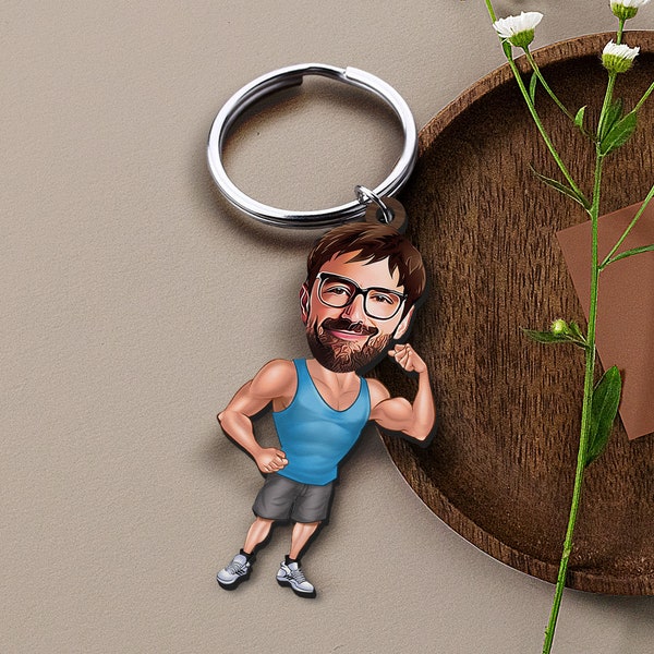 Keychain with Personalized Fitness Caricature, Gift for Him, Custom Cosbaby Key Chain, Boyfriend Gift, Cartoon Portrait, Trainer Bobblehead