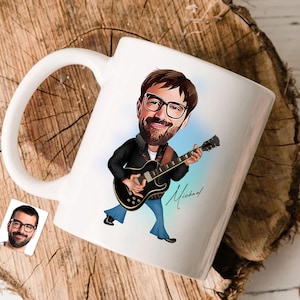 Tasse à café personnalisée avec dessin de portrait de caricature de guitariste, tasse à café de bande dessinée personnalisée, tasse colorée, tasse à thé, cadeau pour lui