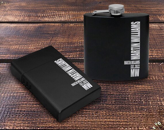 hip flask with cigarette case Personalised Laser Engraved Hip Flask and Cigarette Box Gift Set, Custom  6oz Hipflask, Metal Cigarette Case, Best Gift for Him