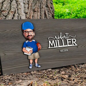 Personalized 3D Wooden Named Cartoon American Football Coach Sign, Caricature Portrait, Wall Art, Home Decor, Birthday Gift, Gift for Him