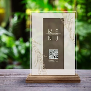 Placa de menu de código QR personalizada, placa de restaurante de madeira natural e acrílico personalizada, placa de código QR para café, mesa de código QR e decoração de mesa