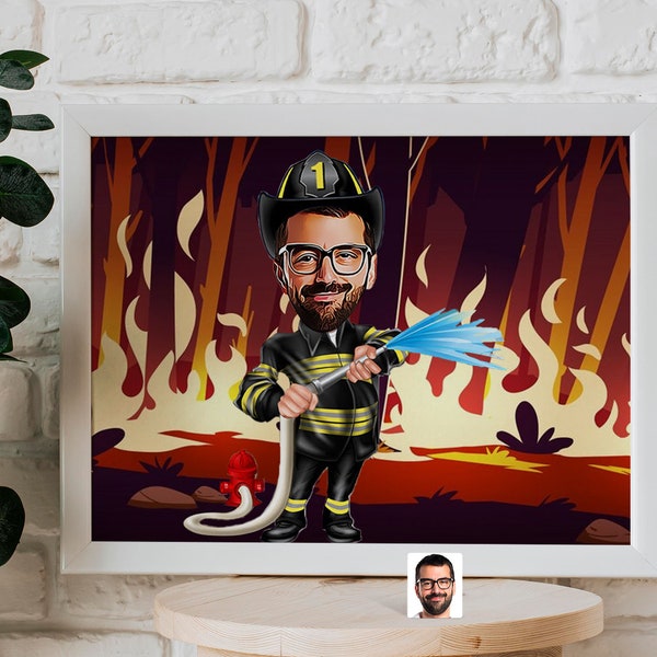 Personalisierte Feuerwehrmann-Karikaturzeichnung, Cartoon vom Foto, individuelle Feuerwehrmann-Portraitzeichnung, digitale Kunst, Wackelkopf, Geschenk für Ihn