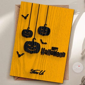 Carte de voeux d'Halloween 3D personnalisée en bois en relief, carte de bonbons ou de sorts, cadeau pour lui, cadeau pour elle, cadeau pour la famille, joyeux Halloween