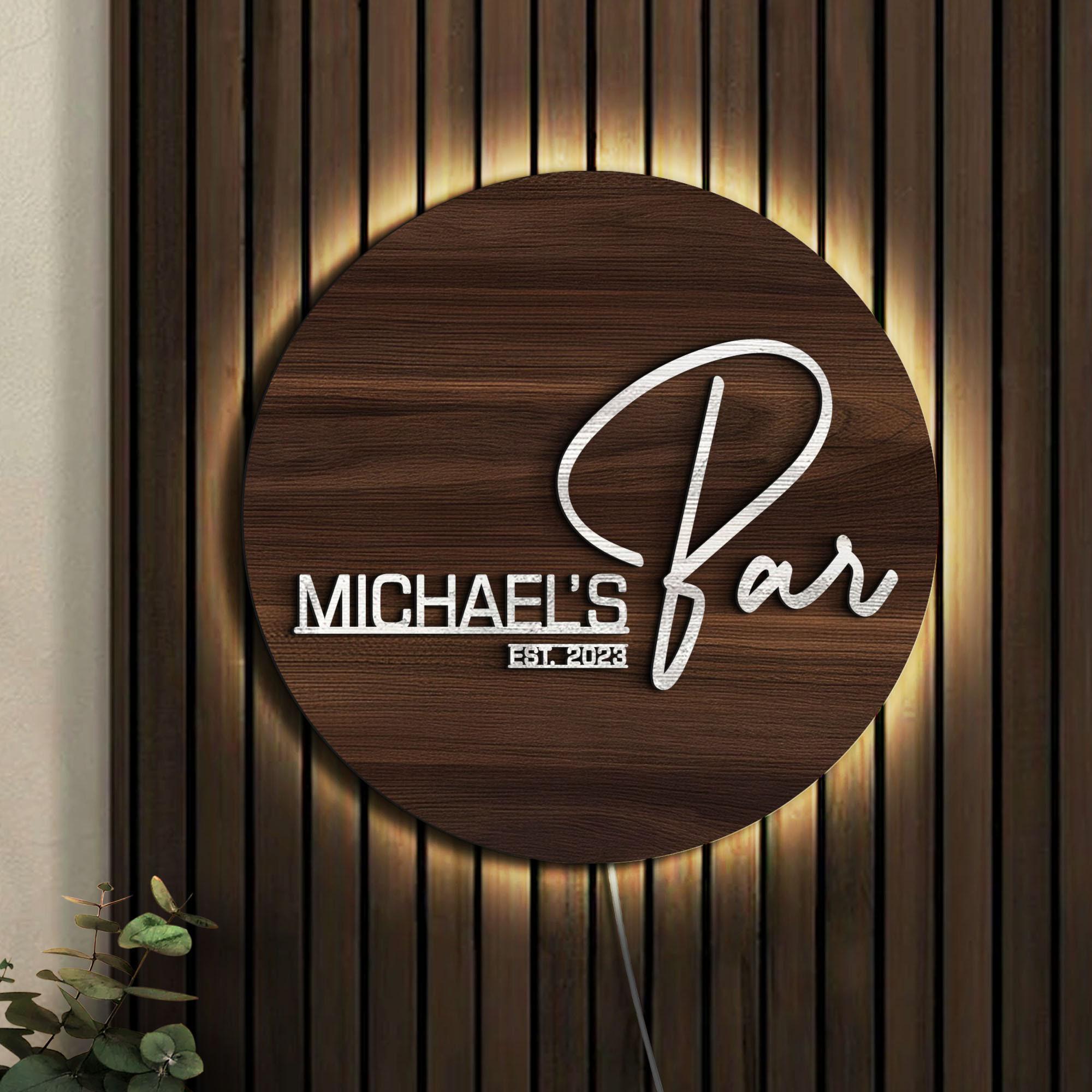 Personalized LED Light Wooden Bar Sign, Custom Embossed Round Wood Bar ...