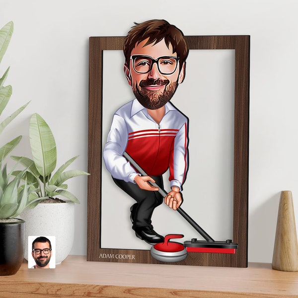 Personalisierte 3D Holz Cartoon Curling Wandkunst, Weihnachtsgeschenk, benutzerdefinierte Cartoon Curling Portrait, Geburtstagsgeschenk, Wohnkultur, Geschenk für Ihn