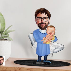 Gepersonaliseerde 3D houten cartoon verloskundige beeldje trinket, aangepaste cartoon verloskundige portret, verjaardagscadeau, kerstcadeau, cadeau voor hem