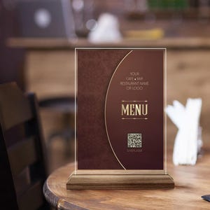 Placa de menu de código QR personalizada, placa de restaurante de madeira natural e acrílico personalizada, placa de código QR para café, mesa de código QR e decoração de mesa