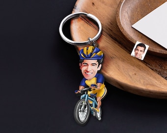 Portachiavi con caricatura di ciclista personalizzata, regalo per lui, portachiavi personalizzato Cosbaby, regalo di compleanno, ritratto di cartone animato, bobblehead di bicicletta