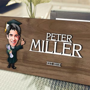 Personalized 3D Wooden Named Cartooned Graduate Painting, Custom Cartoon Portrait, Wood Wall Art, Rustic Home Decor, Gift for Him