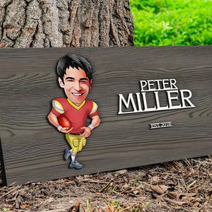 Personalized 3D Wooden Named Cartoon American Football Player Sign, Caricature Portrait, Wall Art, Home Decor, Birthday Gift, Gift for Him