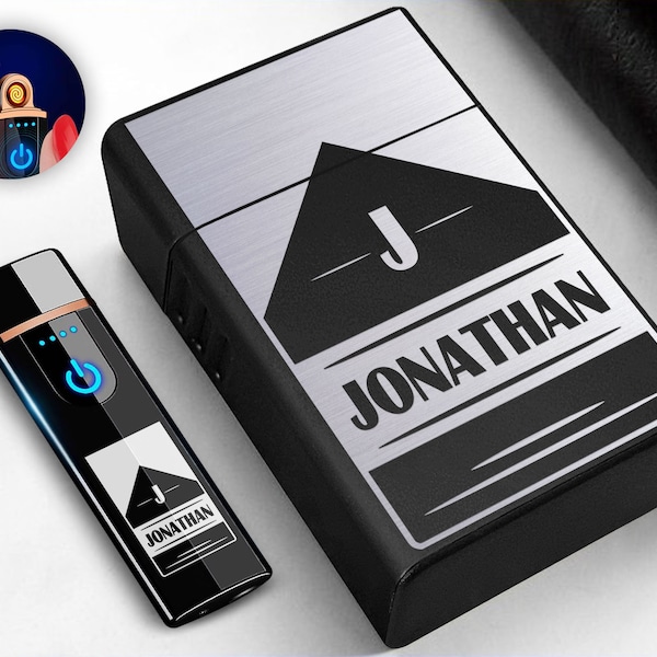 Personalised Laser Engraved Cigarette Box and Electronic Touch Flameless Rechargeable Lighter Gift Set, Metal Cigarette Case, Gift for Him