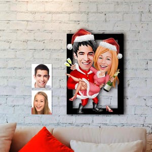 Personalized Christmas Couple Caricature Wooden Table, Cartoon Family Picture From Photo, Custom Illustration Gift Idea, Funny Decoration