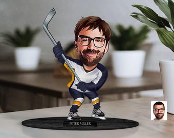 Personalized 3D Wooden Cartooned Hockey Player Figurine Trinket, Custom Cartoon Portrait, Birthday Gift, Christmas Gift, Gift for Him
