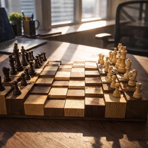 Puede incluir: Un juego de ajedrez de madera con piezas oscuras y claras dispuestas sobre un tablero &uacute;nico escalonado. El tablero est&aacute; hecho de cuadrados de madera clara y oscura alternados. Las piezas de ajedrez son negras y de tonos de madera natural.