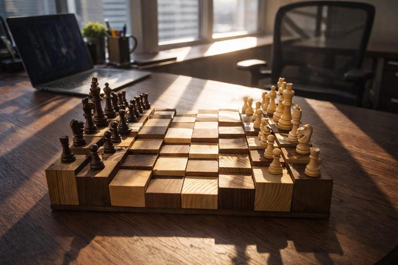 Puede incluir: Un juego de ajedrez de madera con piezas oscuras y claras dispuestas sobre un tablero &uacute;nico escalonado. El tablero est&aacute; hecho de cuadrados de madera clara y oscura alternados. Las piezas de ajedrez son negras y de tonos de madera natural.