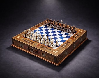 Luxury Handmade Wooden Chess Set with Drawer – Mosaic Inlay Chess Board, Walnut & Rosewood, Premium Chess Gift, Collector Chess Set