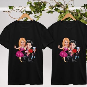2 stuks zwarte T-shirts gepersonaliseerd met cartoon Valentijnsdag, T-shirt stel, bijpassende T-shirts, valentijnscadeau, cadeau stel, T-shirt op maat