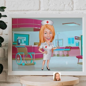 Personalized Nurse Cartoon Drawing, Custom Nurse Cartoon Drawing, Cartoon Portrait Drawing, Gift for Her, Digital Art, Gift for Mom