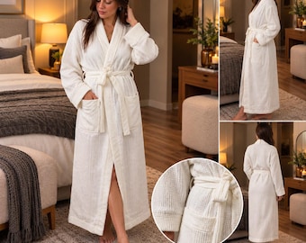 Organic Cotton Waffle Bathrobe, Turkish Jacquard Spa Robe, Unisex Gift