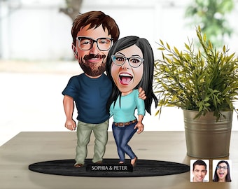 Personnalisé 3D Wooden Cartooned Lover - Couple Figurine Trinket, Portrait de dessin animé personnalisé, Cadeau d’anniversaire, Noël, Cadeau d’anniversaire