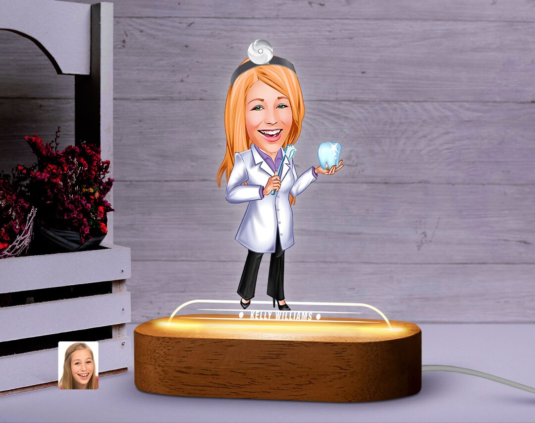 Personalized LED Light Cartoon Dentist Figurine With Natural Wooden ...