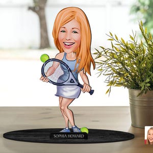 Gepersonaliseerde 3D houten cartoon tennisspeler beeldje trinket, aangepast cartoonportret, verjaardagscadeau, kerstcadeau, cadeau voor haar