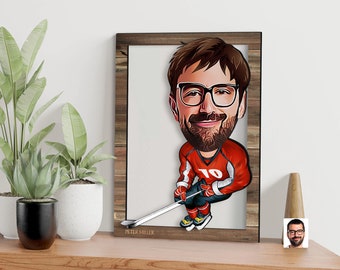 Personalized 3D Wooden Cartooned Hockey Player Wall Art, Custom Cartoon Portrait, Home Decor, Birthday Gift, Christmas, Anniversary Gift