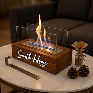 Camino da tavolo personalizzato in legno color rovere, regalo di pietra decorativa e combustibile, braciere da tavolo senza fumo per uso interno ed esterno