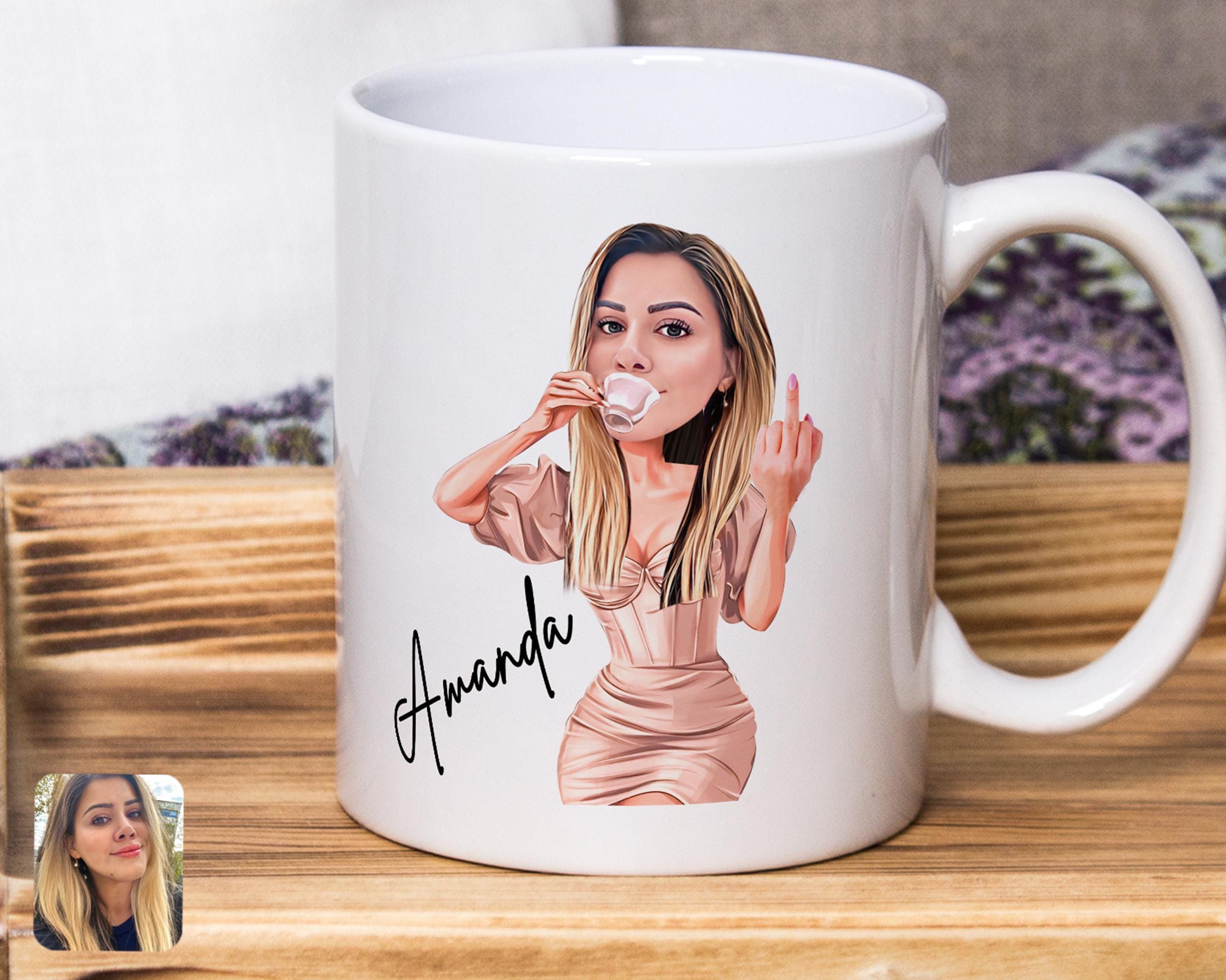 Personalized Coffee Mug with Woman Fuck You Caricature Portrait Drawing, Custom Cartoon Coffee Mug, Colored Mug, Tea Cup, Gift for Her, Joke