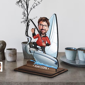 Spersonalizowana figurka 3D z drewna z kreskówkowym rybakiem, prezent świąteczny, spersonalizowana karykatura portretu rybaka, prezent dla niego, wystrój domu
