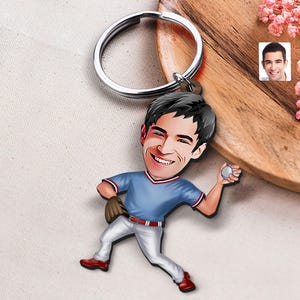Schlüsselbund mit personalisierter Baseball-Karikatur, Geschenk für Freund, kundenspezifischer Cosbaby-Schlüsselbund, Weihnachtsgeschenk, Karikatur-Porträt, Bobblehead