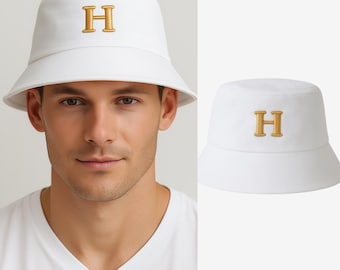 Personalized Bucket Hat with Initial | Custom Embroidered Letter Hat | Unisex Summer Cotton Hat | White Beige Blue Brown