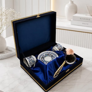 Turkish Coffee Cup Set with Copper Cezve, 2 Porcelain Cups & Saucers, Velvet Gift Box, Turkish Coffee Gift